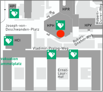 Defibrillator locations at the ETH Hönggerberg. Description in text