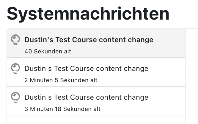 The notification reads "Dustin's Test Course content change".